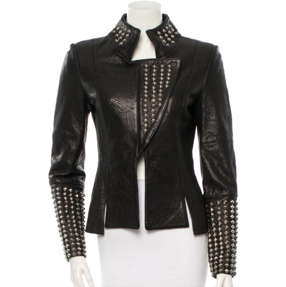 Thomas Wylde Runway Silver Studded Black Leather Jacket Sz. 8